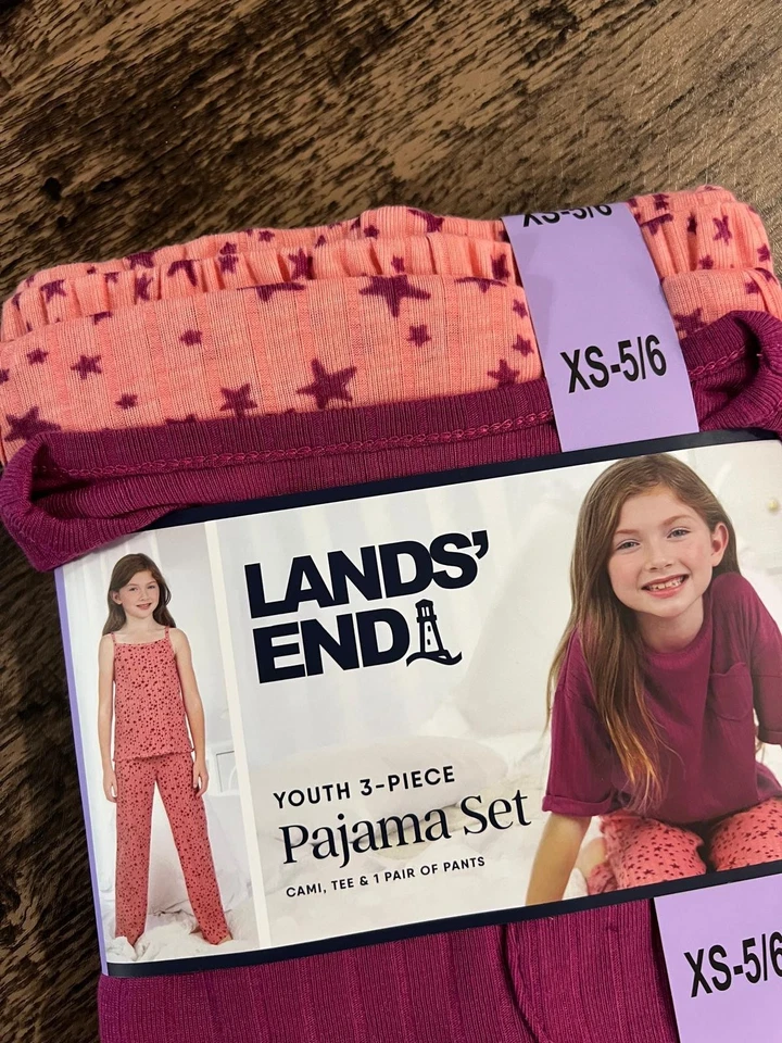 Lands’ End Youth 3 Piece Pajama Set Pink With Stars Size XS 5/6 - Image 4 of 4