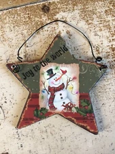 PRIMITIVE WOODEN SNOWMAN STAR 4" ORNAMENT JOY TO THE WORLD
