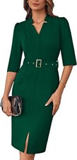 Women's 3/4 Sleeve V-Neck Bodycon Sheath Work Dress - Zipper Up Office Style
