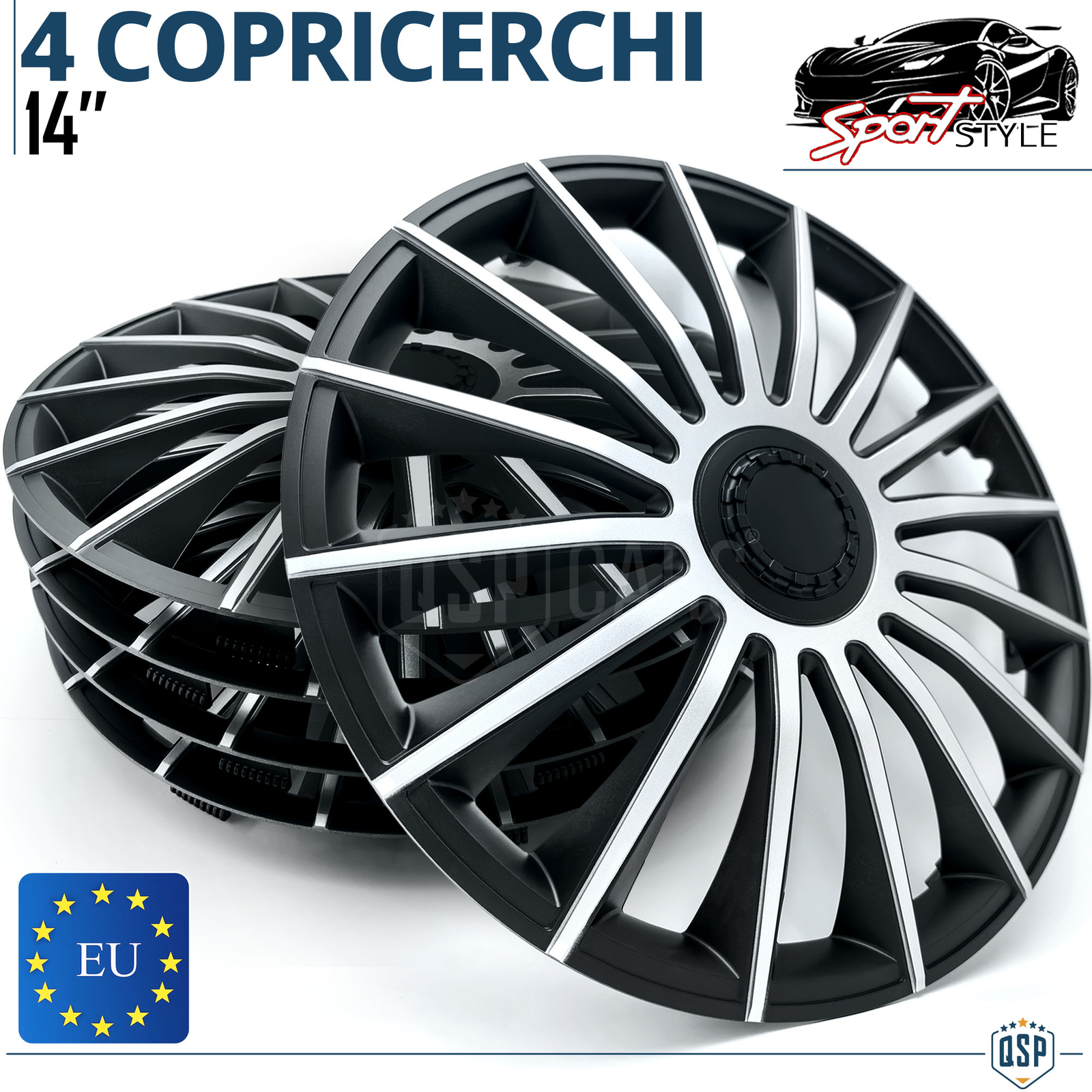 4 Copricerchi Auto 14 Pollici Universali Coppette Silver Nere 15 Razze MADE EU
