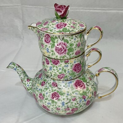 RARE Romania MOGA Stacked Tea Set Cup Creamer Pot Roses Gold Handmade & Painted