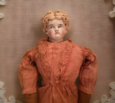 Antique 1800s Blond German China Head Shoulder Plate Doll-Low Brow/Blue Eyes-24''