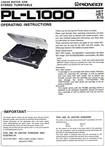Pioneer PL-1000 User Manual Operating Instructions