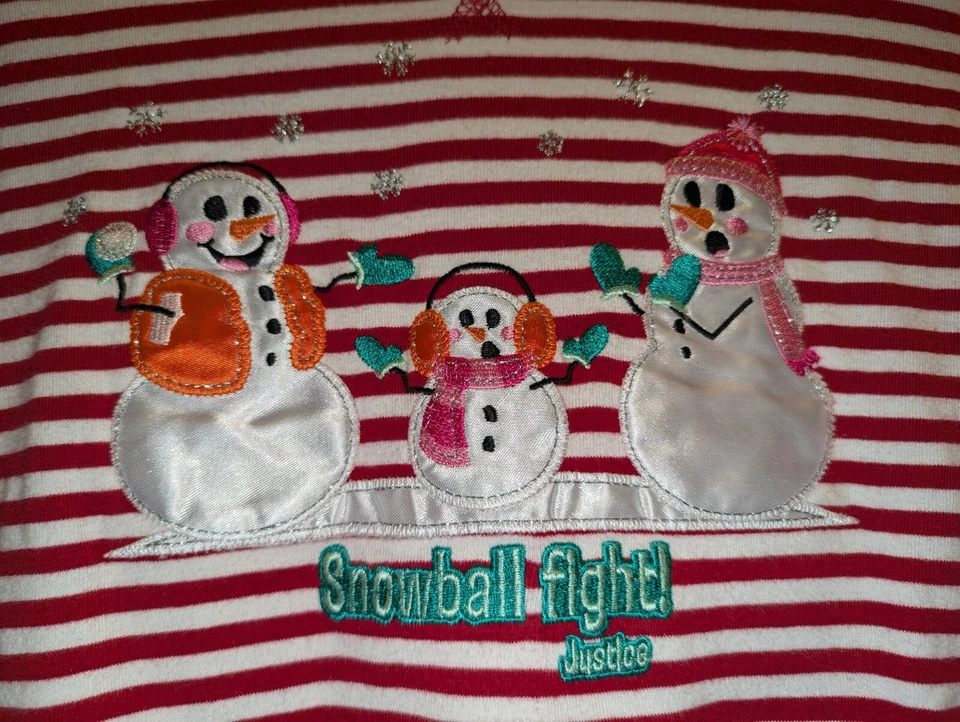 Justice Hooded Pullover Girl XXL Red Long Sleeve Stripe Snowman Appliq Christmas - Image 3 of 4