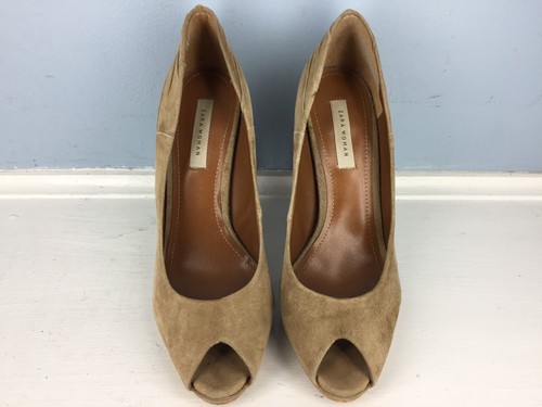 Zara Brown Suede Leather Peep Toe Heel Ruched Excellent 39 8 Cocktail Classic - Picture 3 of 5