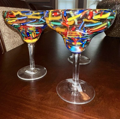 Pier 1 Hand Blown Confetti Strips Margarita Martini Glass Multicolored - Picture 8 of 16