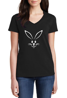 Womens V-neck Bunny Face Shirt Funny Easter Gift Rabbit Graphic Spring Holiday