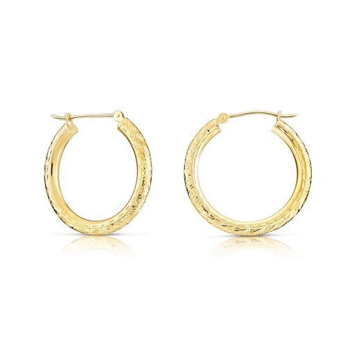 14K Solid Yellow Gold Hand Engraved Diamond-Cut Chunky Hoop Earrings 16MM-50MM - Picture 16 of 23