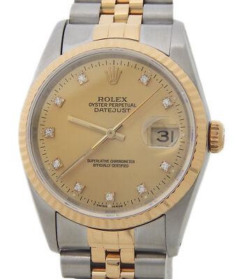 Rolex Mens 16233 Datejust 18K Gold & Stainless Steel Watch FACTORY Diamond Dial