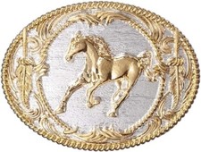 New Silver gold PRANCING HORSE BELT BUCKLE w/ Gold feathers trim 3 3/4" x 3