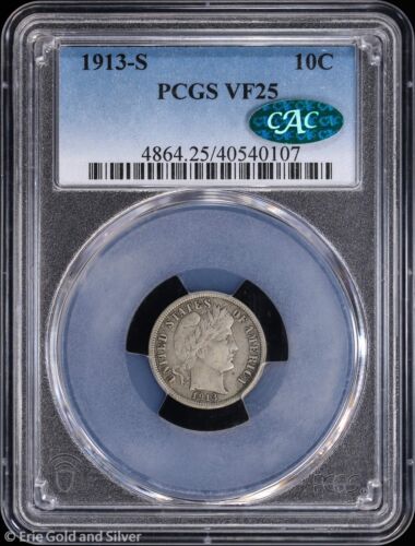 1913-S 10c Barber Dime PCGS VF 25 CAC - Picture 1 of 4