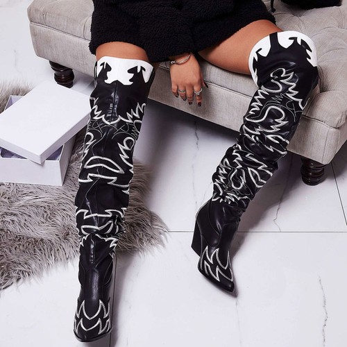 New Flame Embroidered Cowboy Cowgirl Western Heel Boots Over The Knee Thigh High - Picture 3 of 8