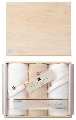 IMABARI KINSEI Shifuku Face White 2pcs & Wash Beige Towel with Wooden Box Japan 