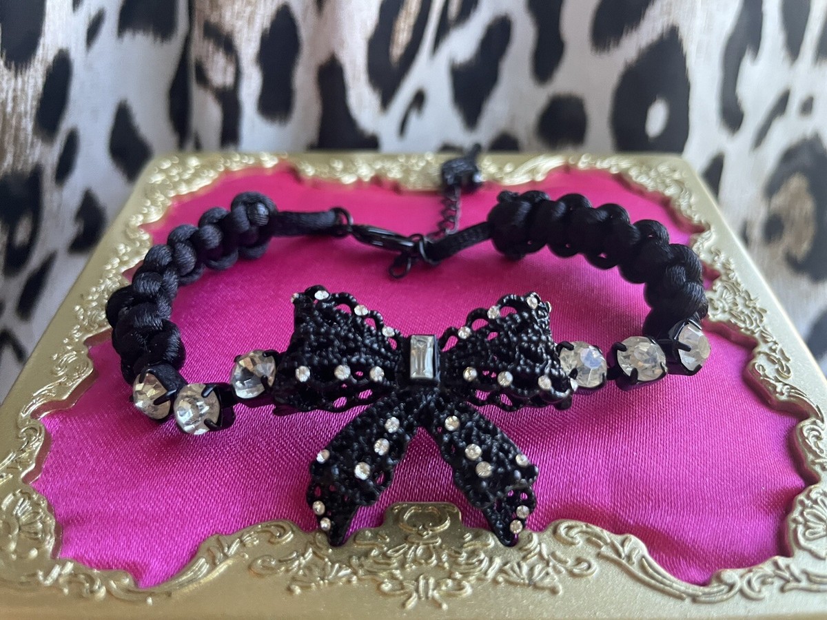 Betsey Johnson Jet Setters Black White Clear Crystal Bow Woven