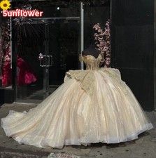 Luxury Champagne Off The Shoulder Ball Gown Lace Quinceanera Dresses Sweet 15 16