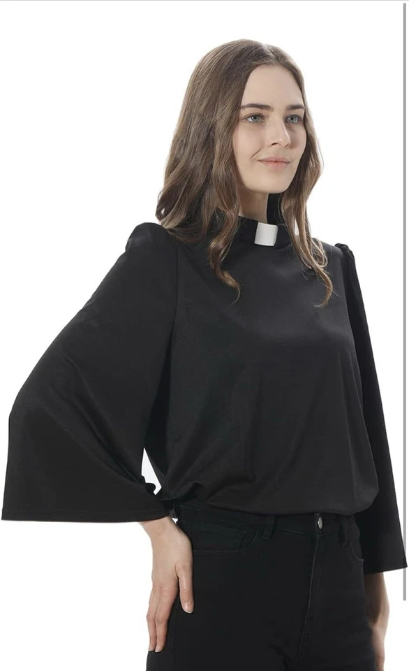 Women Clergy Shirt Inset Tab Collar Priest Black Clerical Shirt Pastor Blouse L - Image 3 of 4