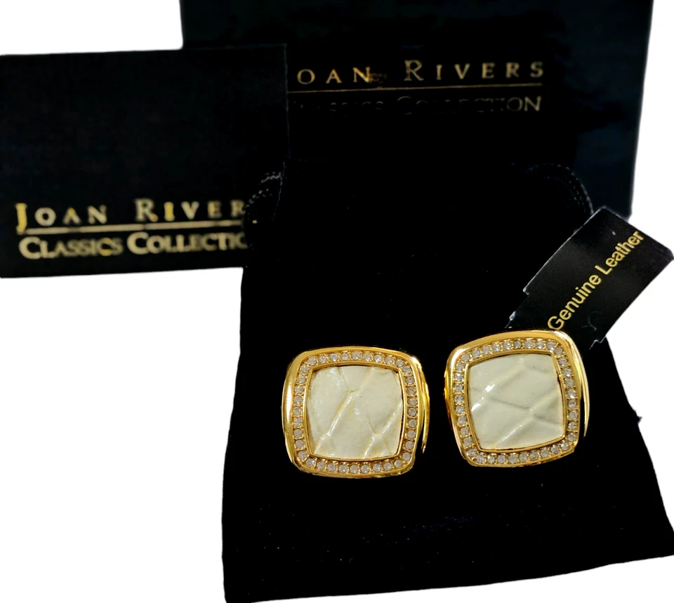 Juego de pendientes Joan Rivers Classics "Shimmering Croco" de cuero marfil y cristal ~ Nuevo con etiquetas Foto 2 de 4