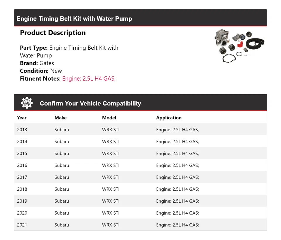 Комплект ремней ГРМ двигателя для Subaru WRX STI 2013-2021 годов выпуска с воротами водяного насоса 2014 года - Изображение 2 из 3