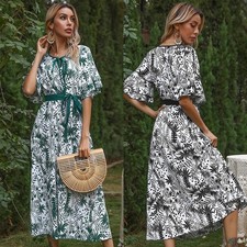 Women's Boho Chiffon Maxi Dress V-Neck Ruffle Sleeve Botanical Tie Waist Sundres
