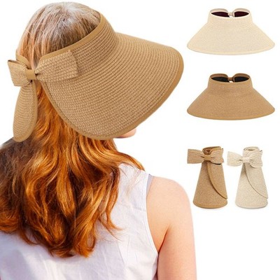 For Women Summer Straw Hat Visor Fold able Roll Up Wide Brim Open Top Sun Cap