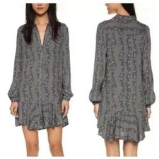 Free People Dress S Small Gray Floral Long Sleeve Ruffle Hem Boho Shirt Dress