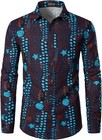 Chemise Homme Motifs Africains Manches Longues Lin et Polyester Bleu Marine S