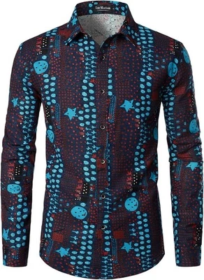 Chemise Homme Motifs Africains Manches Longues Lin et Polyester Bleu Marine S - Photo 1/4