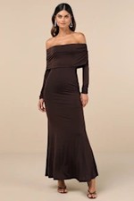 Lulus Women Effortlessly Stunning Off-The-Shoulder Maxi Dress Dark Brown Large