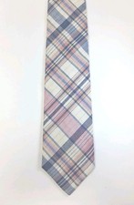 Kenneth Gordon Cotton Tie Plaid Madras Pastel Pink Blue Made In USA Vintage 55"