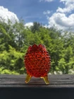 Vintage Fenton Amberina Hobnail Glass Three Footed Crimped Rose Bowl Vase 5"