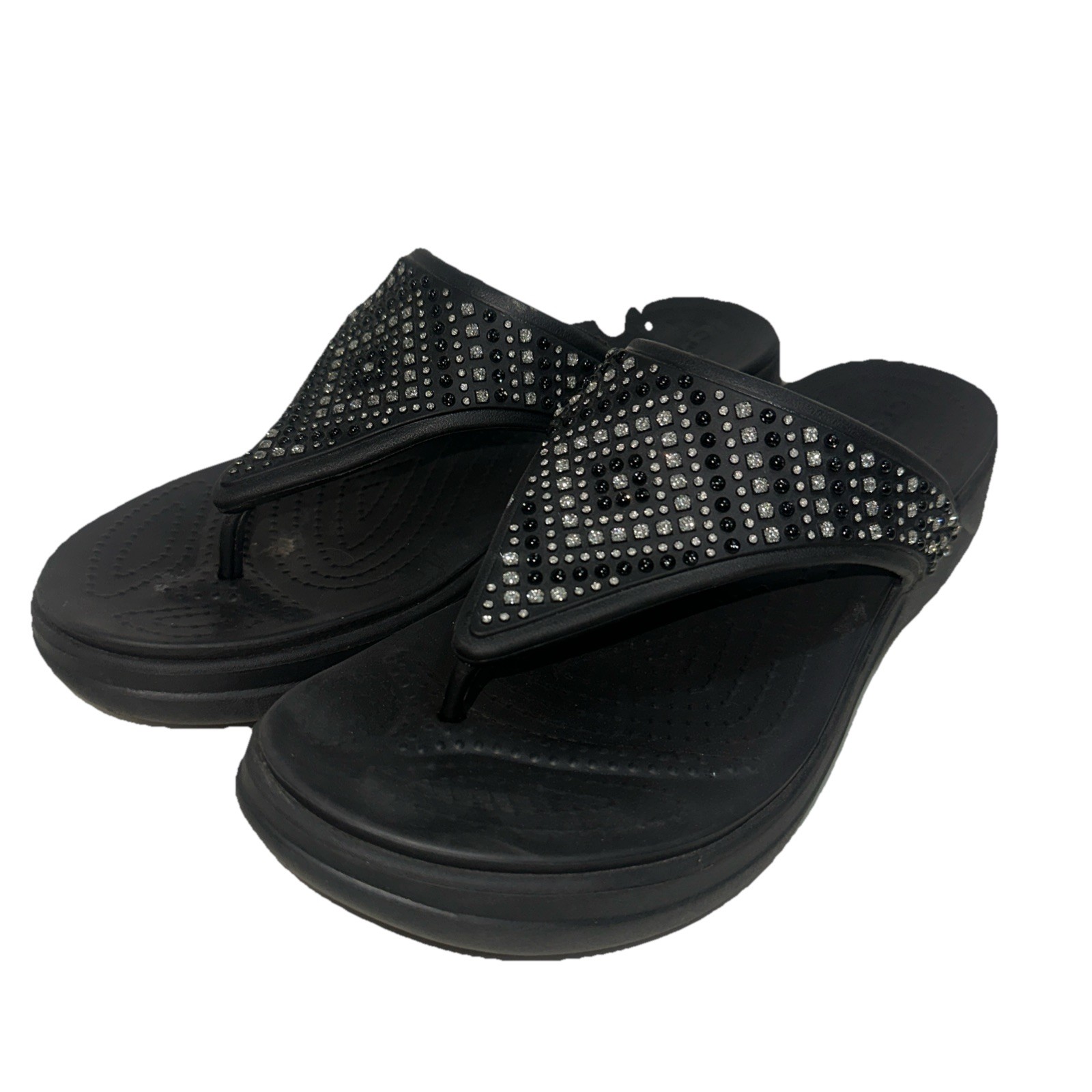 Crocs Womens Monterey Shimmer Black Wedge Sandal Comfort Flex Flip Flop