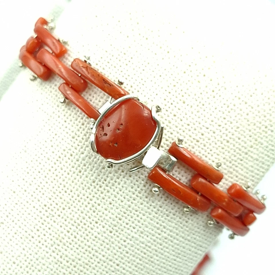 Bracciale  Vero Corallo Di  Sardegna Rosso  Argento 925 Rodiato Art Deco Antico - Immagine 4 di 4