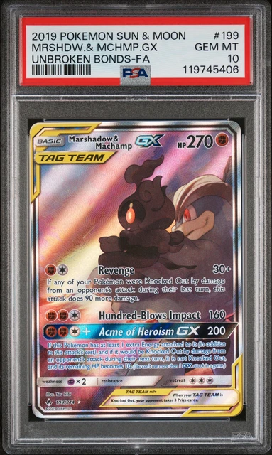 2019 POKEMON SUN & MOON MARSHADOW & MACHAMP GX UNBROKEN BONDS #199 PSA 10