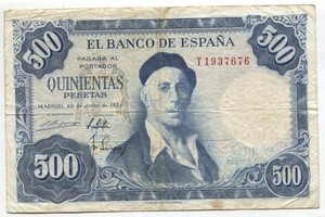 Spain 1954 500 Pesetas  Banknote P#148 Fine See Scans