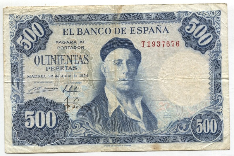 Spain 1954 500 Pesetas  Banknote P#148 Fine See Scans