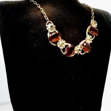 Vintage Amber Rhinestone Floral Pendant Necklace Gold Tone Signed Statement Gift