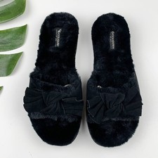 Koolaburra by Ugg Slippers Black Faux Fur Slides Twist Strap Hard Sole Women's 9