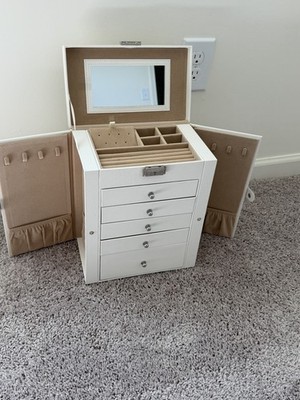 SONGMICS Lockable Jewelry Box w/ Mirror, White Faux Leather, 5 Drawers Light Use