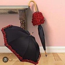 Black Umbrella With Red Burgundy Flowers Outdoor Wedding Funeral Photo Prop