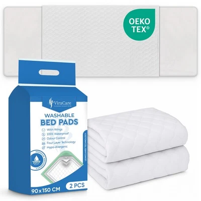 VIRACARE 2 x Washable Bed Pads with Tucks | Size 90x150 cm | Bed Wetting Mats | (White)