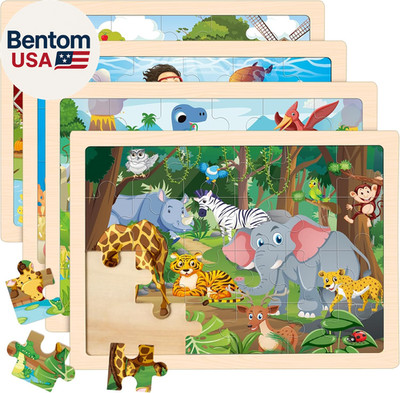 Wooden Animals Puzzles for Kids Age 3 4 5 Year Old, 4 Pack 24 Pcs Montessori Tod