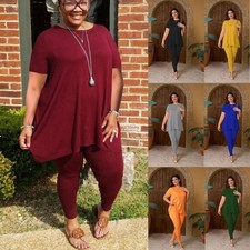Womens Plus Size 2pcs Outfits Short Sleeve Top And Legging Pant Set Lounge Sets