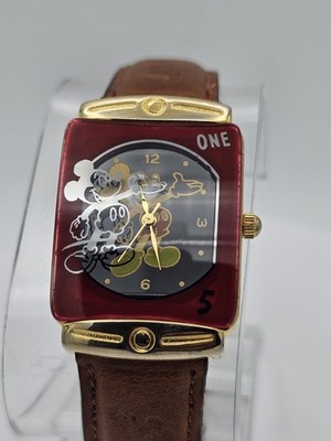 Disney Mickey Mouse Quartz Rectangle Red/Gold Tone Case Brown Leather Strap 25mm