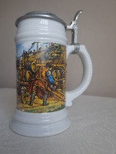 Vintage German Beer Stein Ceramic Mug with Pewter Lid, Brewery Scene.