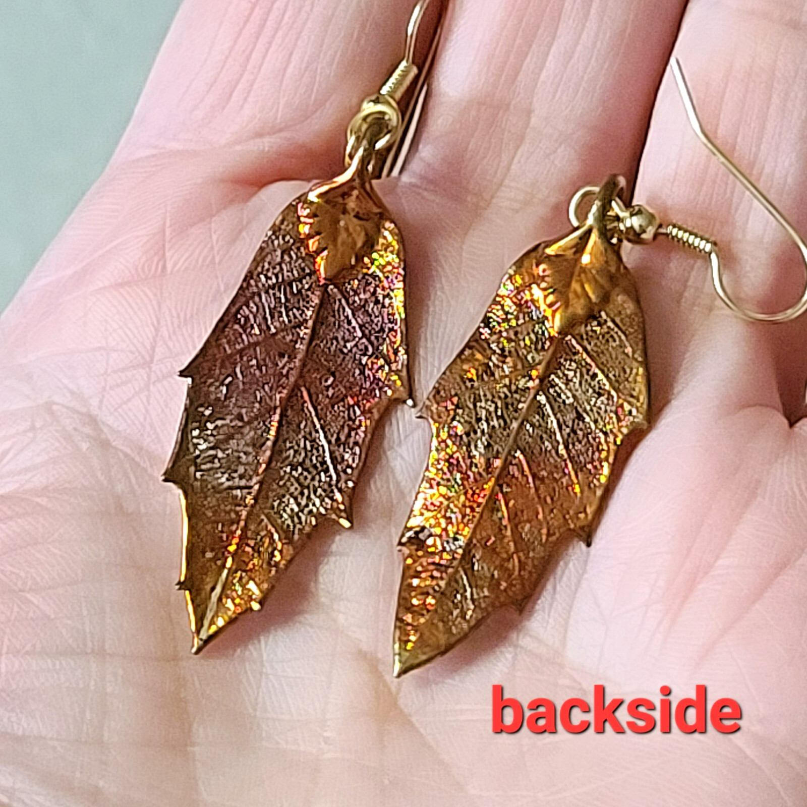 Real Skeleton Leaf Dangle Hook Earrings Gold over… - image 8