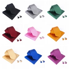 Men Skinny Striped Necktie Handkerchief Tie Pocket Square Cufflink Wedding Set