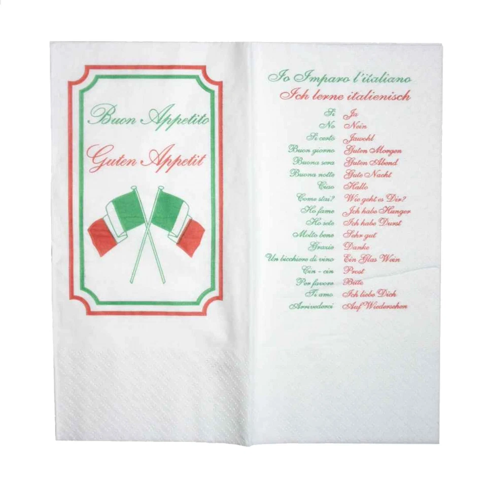 1000 Servietten 40x40cm 2-lag. 1/8 Falz weiß "Italia Flaggen" Buon Appetito