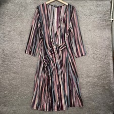 Nina Leonard Womens Size L Stretch Midi Dress Faux Wrap Plums Blue Stripes