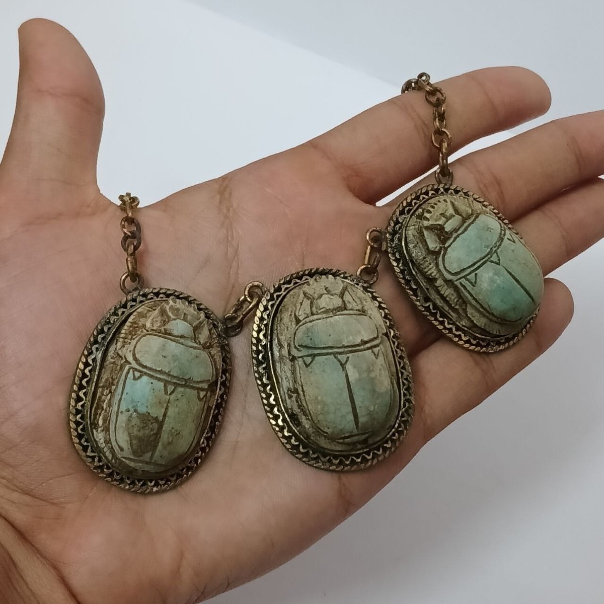Vintage Egyptian Scarab Necklace Bronze Hieroglyphs, Aged Look
