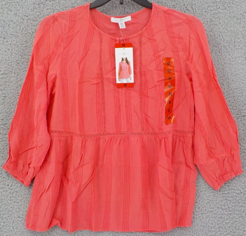 FEVER TOP WOMENS SZ M CORAL TEXTURED STRIPES 3/4 SLEEVE BLOUSE OPEN WEAVE SHIRT